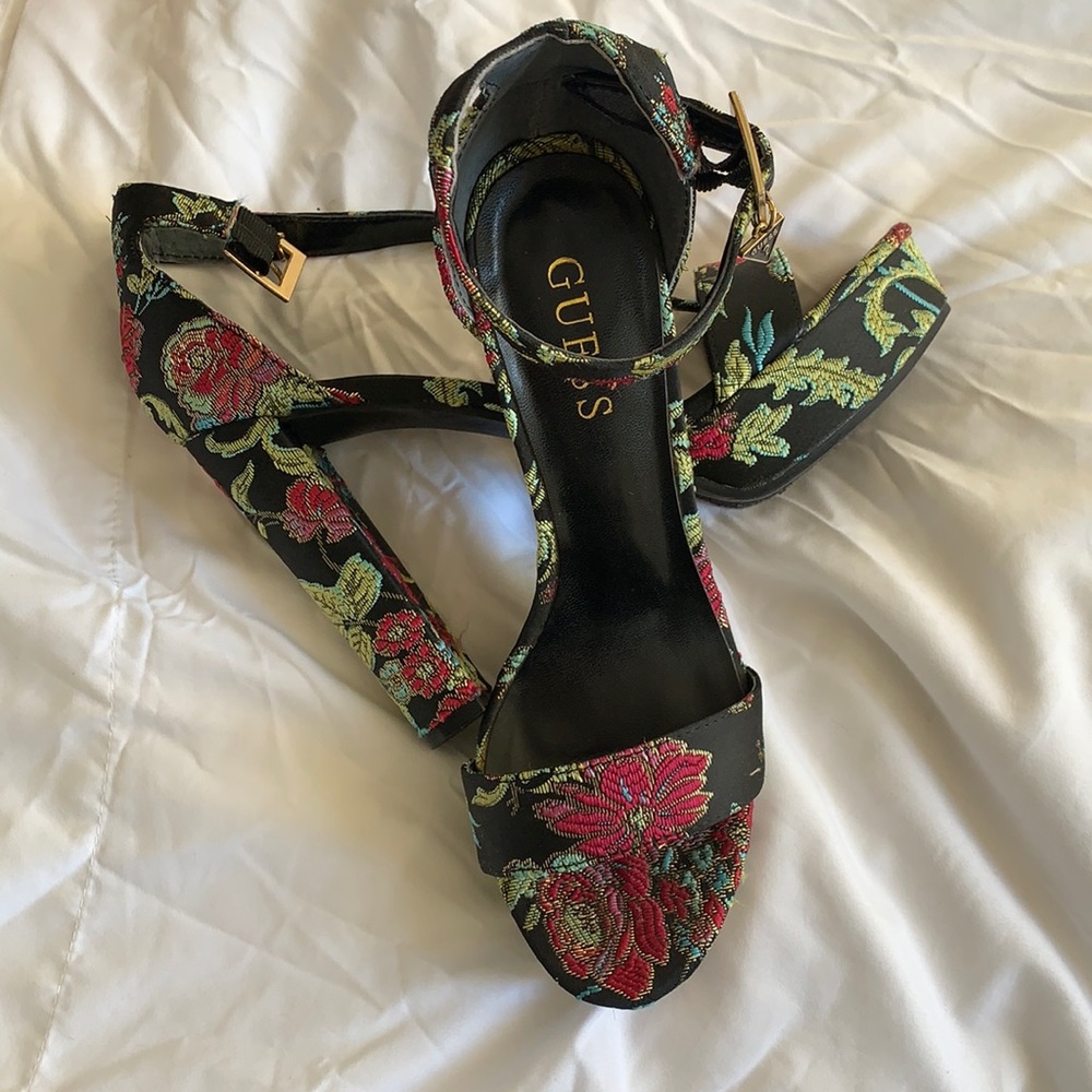 GUESS sandal heels, floral, embroidered, heels